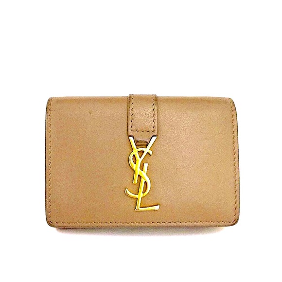Authentic YSL Yves Saint Laurent Cassandra Leather Trifold Beige Compact Wallet - Picture 1 of 7